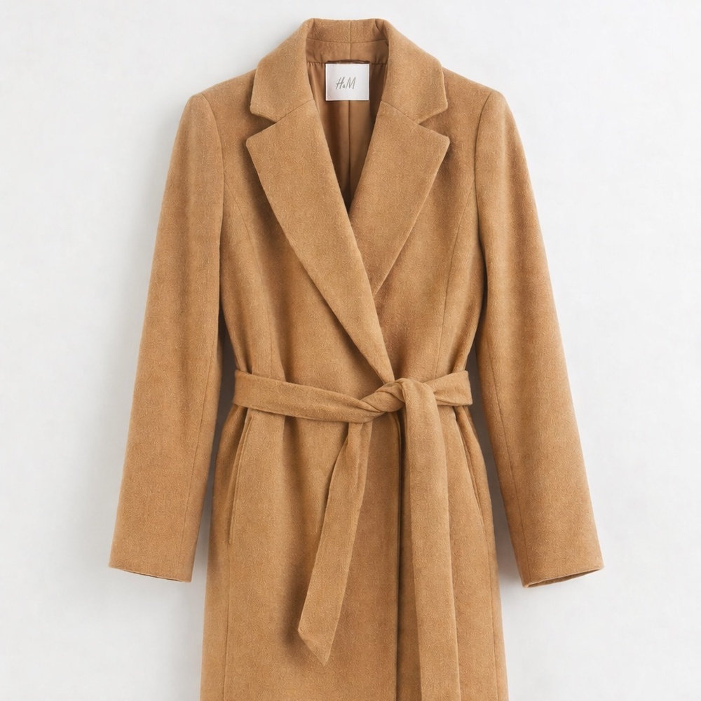 H&M Camel Wool Blend Belted Coat Classic Long Wrap Coat